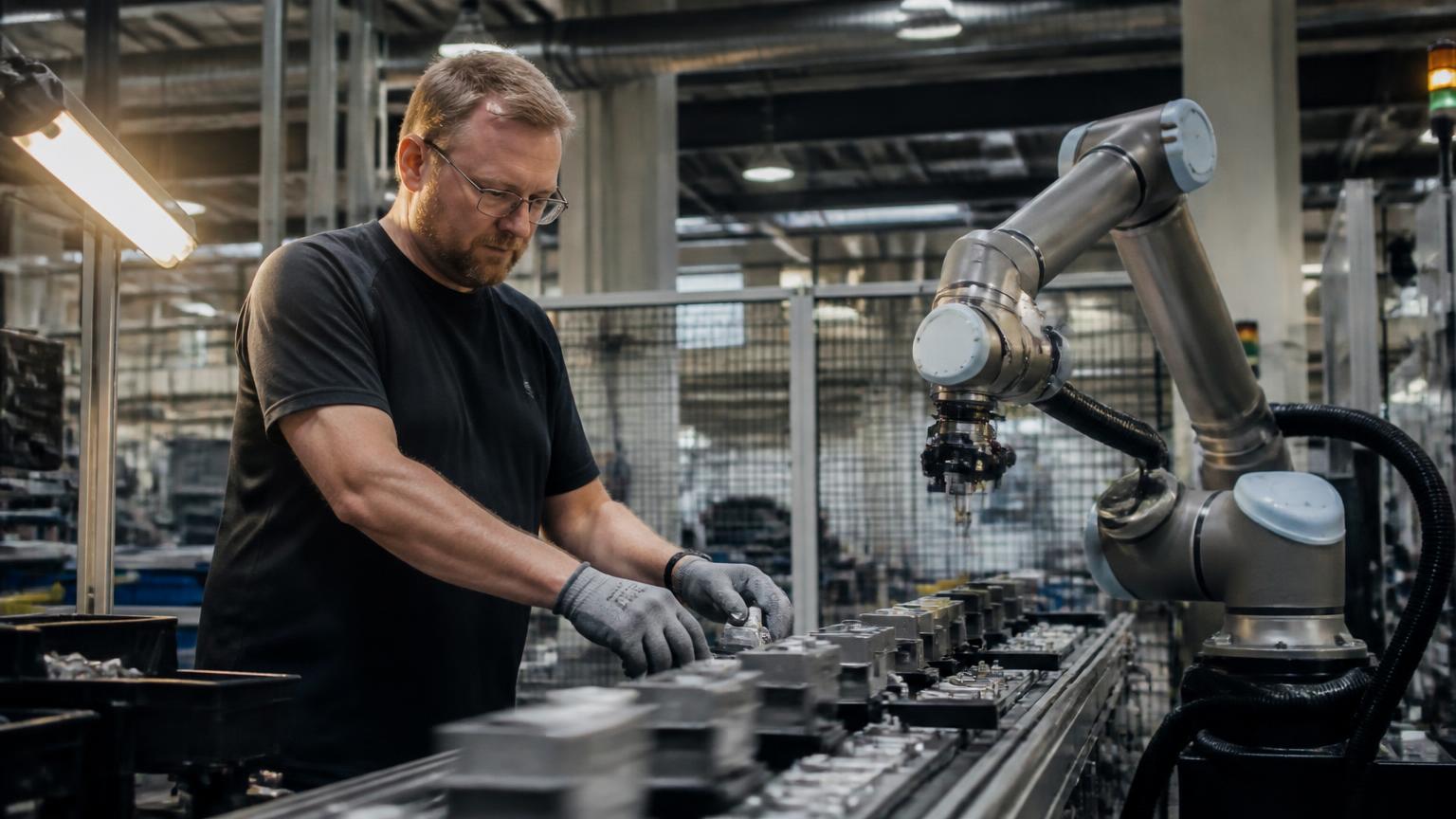 Medarbejder og robot arbejder side om side i produktionen