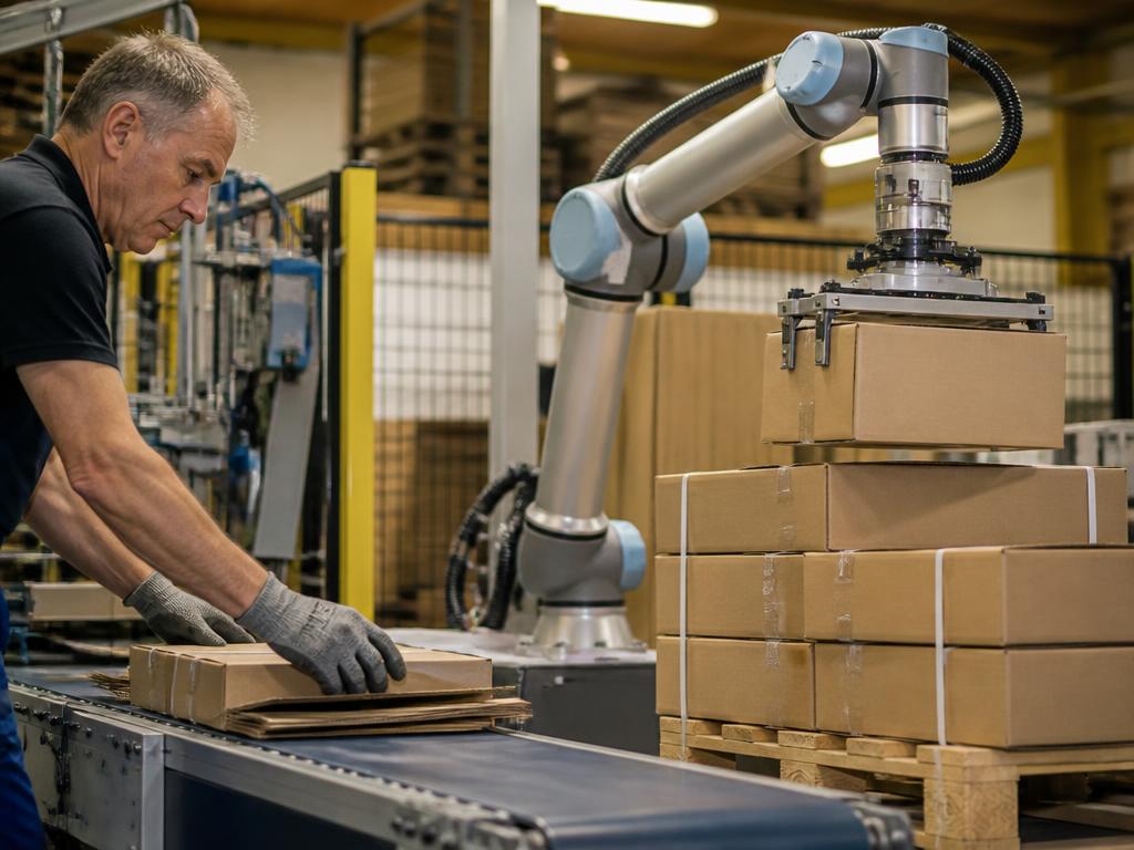 Medarbejder og robot ved en pakkelinje